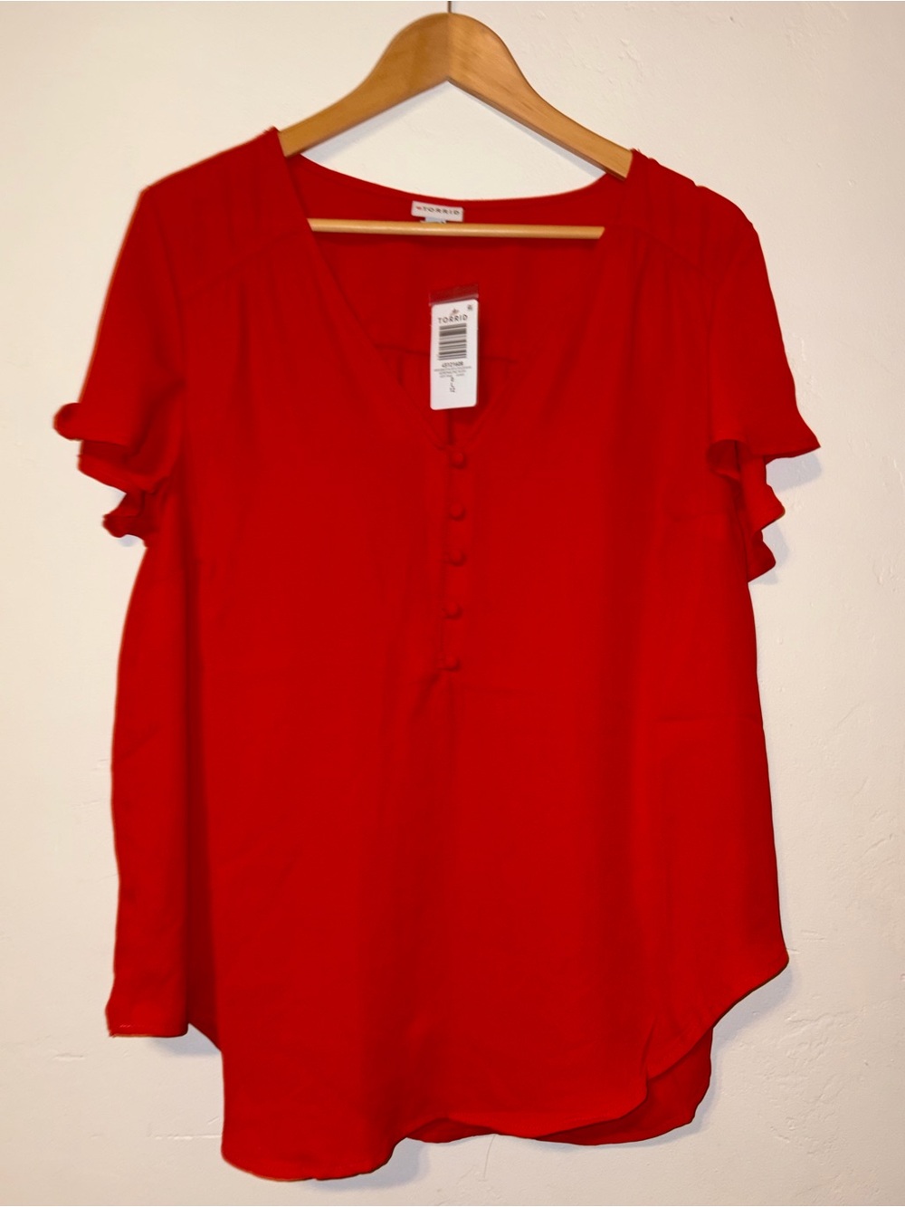 torrid Bright Red V-Neck Button-Front Ruffle Sleeve Blouse